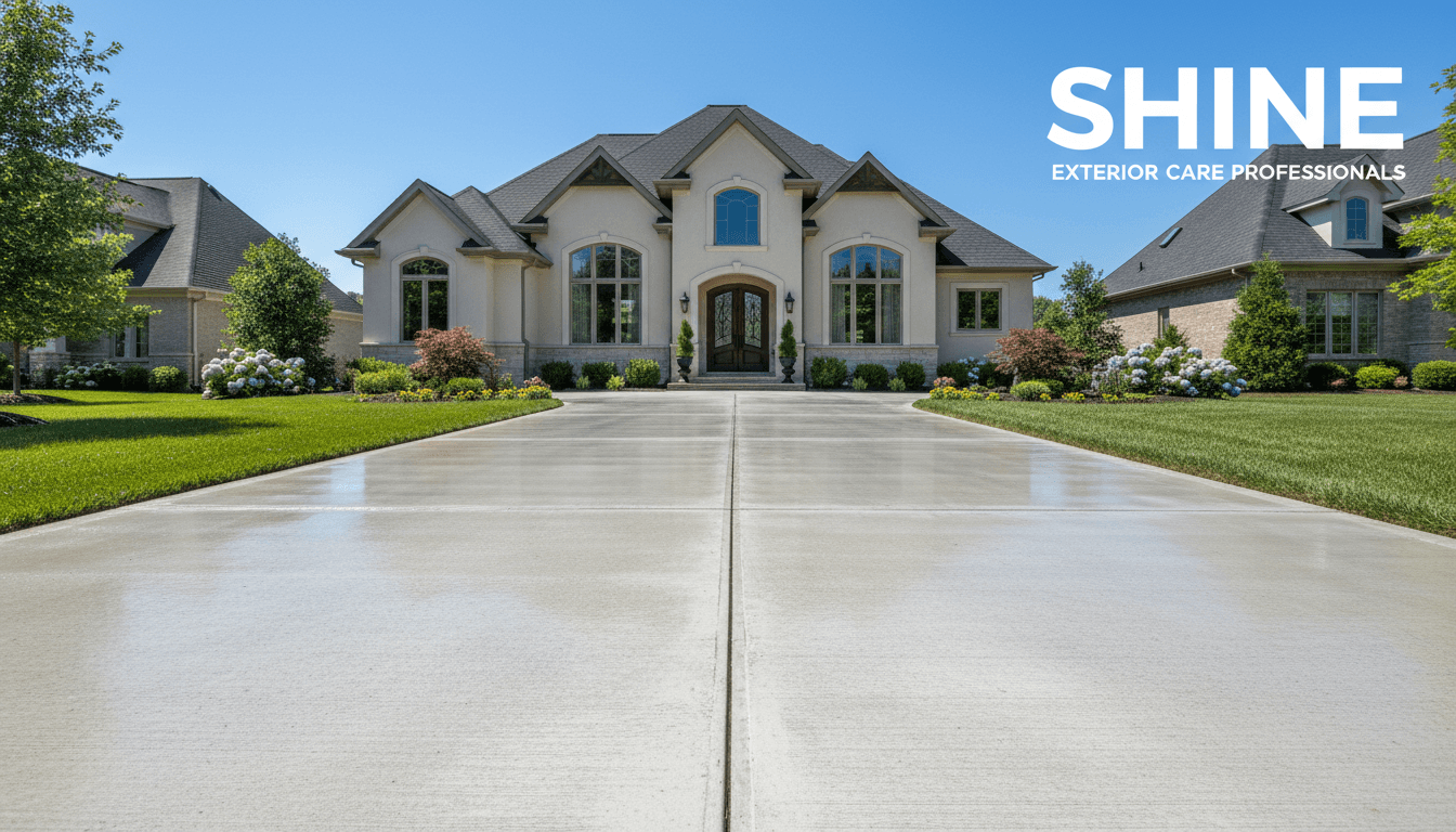 Pristine, professionally cleaned driveway leading to a residential home