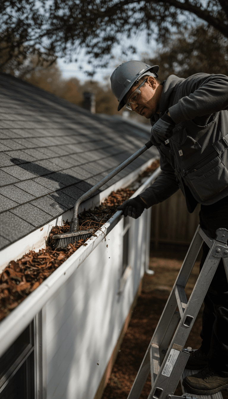 SHINE technician carefully cleaning home gutters with focused attention to detail