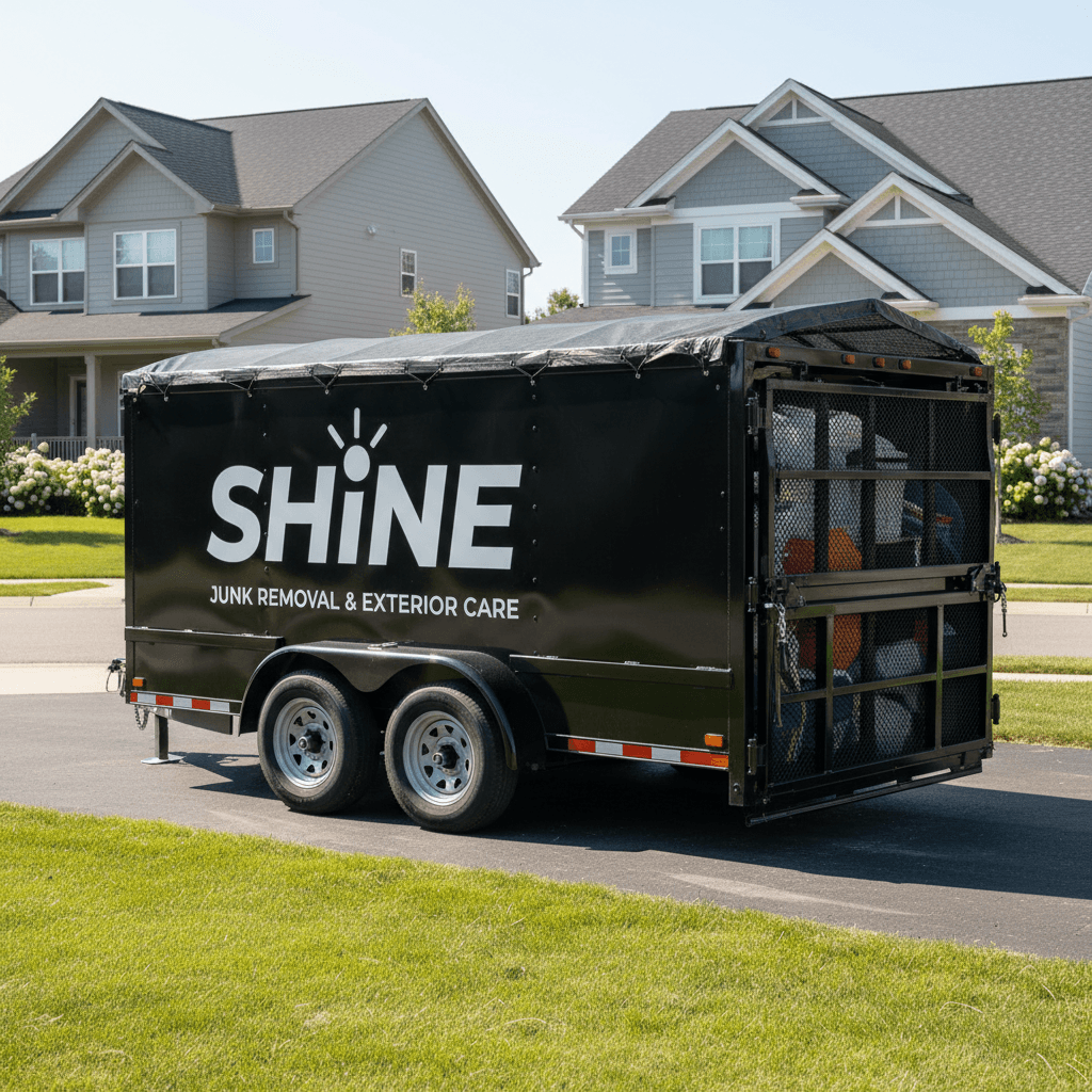 SHINE-branded junk removal trailer in a residential neighborhood