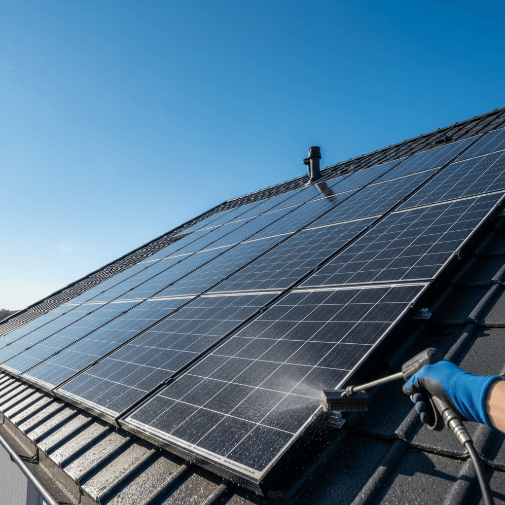 Solar panels on residential roof with technician performing maintenance cleaning