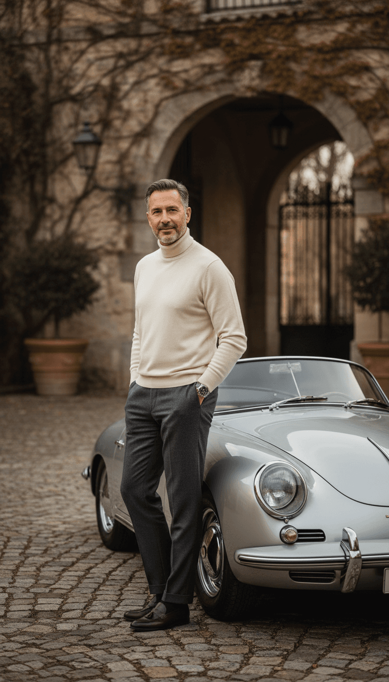 Distinguished man in refined attire standing beside pristine vintage automobile in natural sidelight