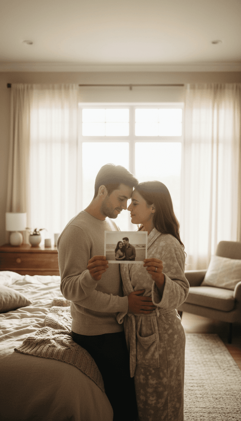 Couple standing at window reviewing printed photograph together, soft morning light, tender embrace