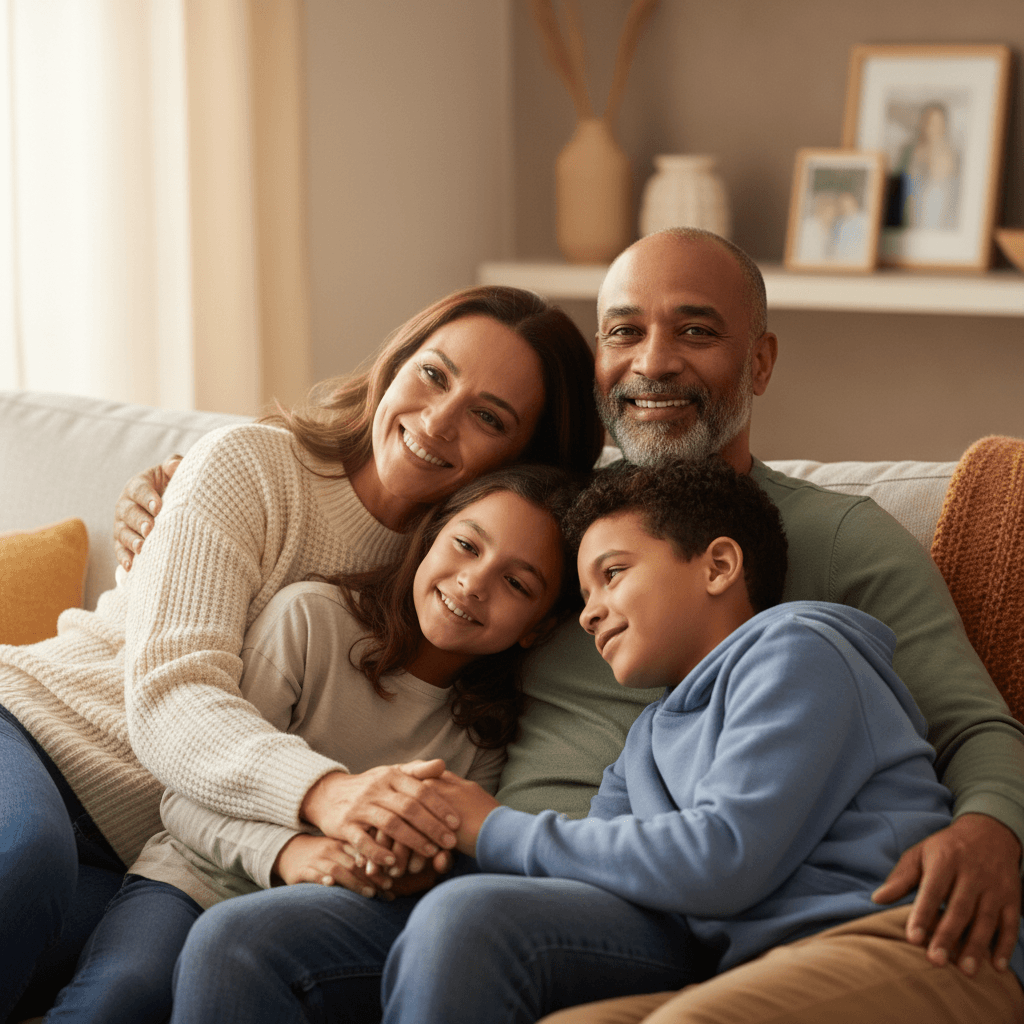 Diverse family of four sitting together on living room sofa, enjoying a warm moment of connection and togetherness