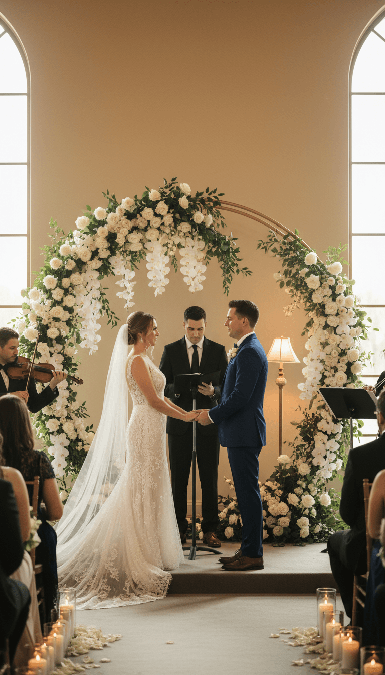 Wedding ceremony moment with bride and groom at decorated altar with floral arrangements, viewed from guest perspective