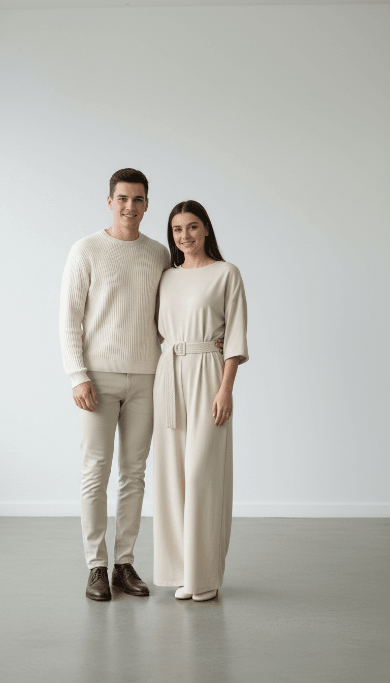 Young couple wearing coordinated contemporary outfits standing together in bright minimalist studio setting