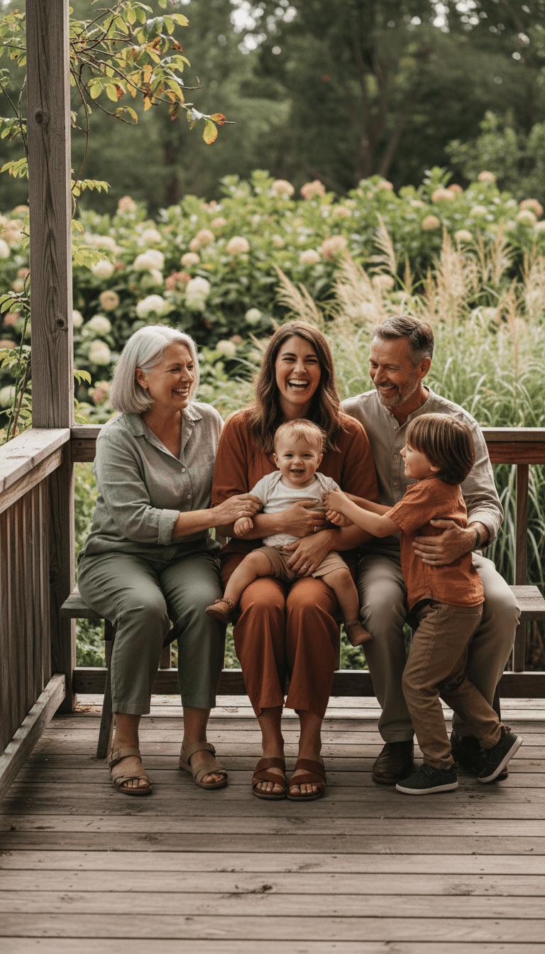 Multi-generational diverse family of four on wooden porch sharing genuine smiles and togetherness