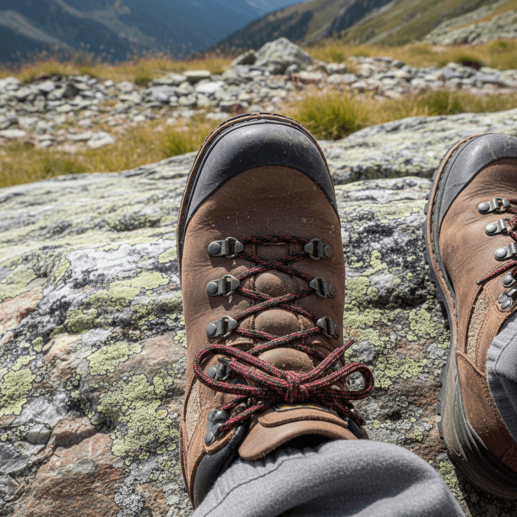 Weathered hiking boots with detailed tread stepping onto textured mountain trail stone surface