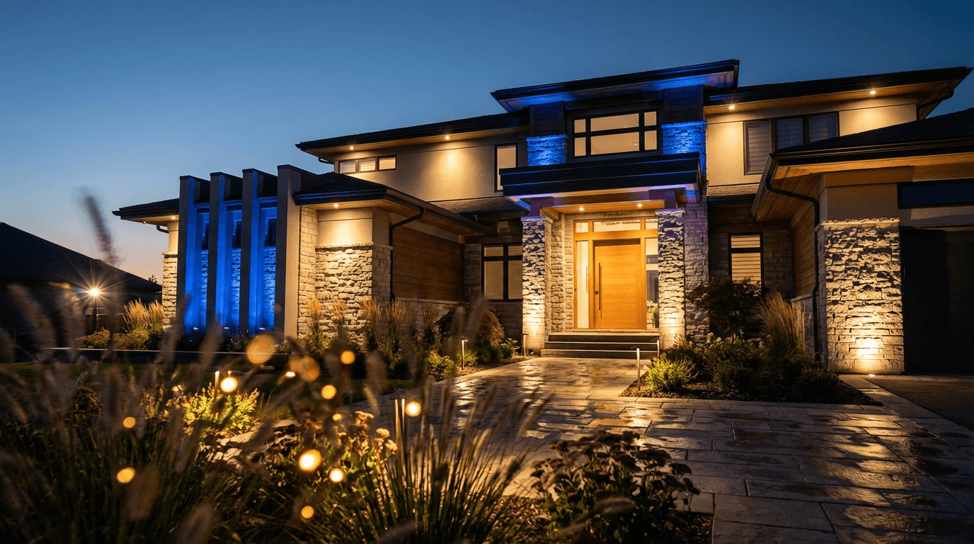 Elegant residential property facade at twilight with professional uplighting on stone columns, pathway lights, and ambient wash creating dramatic architectural illumination.