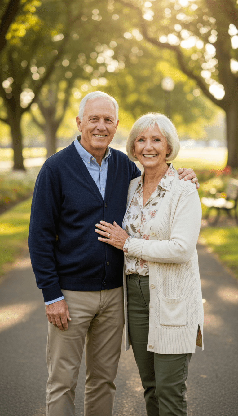 Retired couple standing together on sunny tree-lined pathway, arms linked in warm golden light
